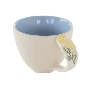 浮雕花朵手柄陶瓷杯子 - 藍色含羞草款